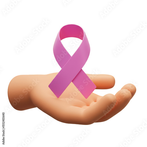 3d Rendering Pink Ribbon on Hand for Breast Cancer Awareness