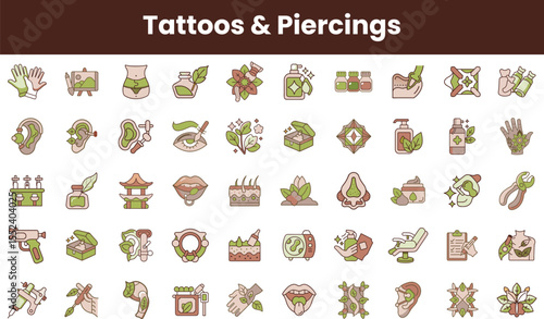 A vibrant collection of tattoo and piercing icons showcasing various designs, tools, and natural elements, perfect for illustrating body art and self-expression.