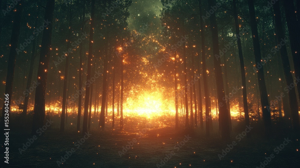 Mystical Forest Clearing with Glowing Light and Fireflies Mystical Forest Clearing with Glowing Light and Fireflies