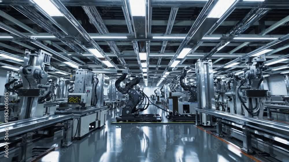 Automated Manufacturing Assembly Line with Robotic Arms and Bright Lighting Automated Manufacturing Assembly Line with Robotic Arms and Bright Lighting