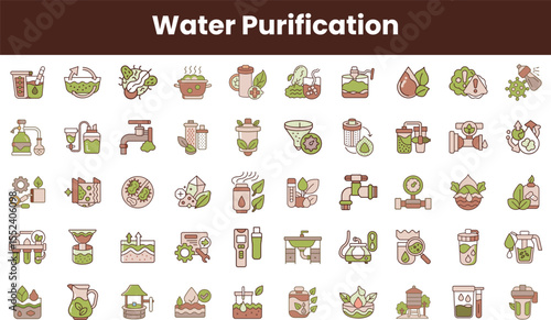 A vibrant collection of water purification icons, including filters, distillers, and purification systems, showcasing eco-friendly techniques in a modern design.