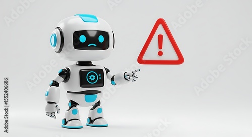 Cute robot pointing at a warning sign