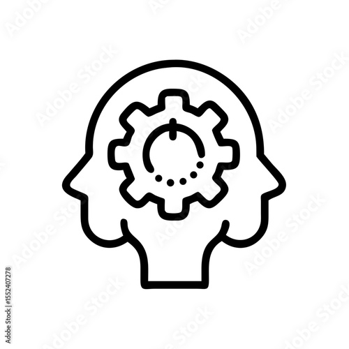 Two heads facing each other with gear-shaped object within one's mind, representing teamwork and sharing ideas