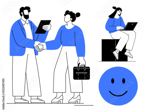 Wallpaper Mural Professionals shaking hands, woman working on a laptop, and a happy face representing teamwork, success, and positive outcomes. Ideal for business, partnership, communication, motivation remote Torontodigital.ca
