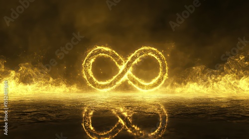 Glowing Infinity Symbol Reflected in Fiery, Abstract, Golden Landscape