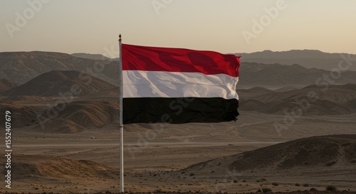 Yemen Flag Waving Over a Desert Landscape at Sunset