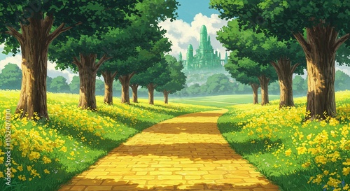 Anime Style Yellow Brick Road Leading to an Emerald City Through a Lush Landscape