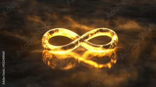 Glowing Infinity Symbol with Reflections on a Dark, Textured Surface