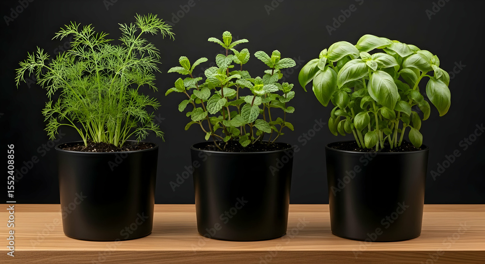 Fototapeta premium Dill Mint Basil Green Herbs in Black Pots on Wood Table