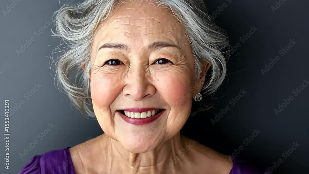 Smiling senior Asian woman with gray hair, wearing a purple blouse. She has a warm expression and is against a dark background. Generative 4k video. Smiling senior Asian woman with gray hair, wearing a purple blouse. She has a warm expression and is against a dark background. Generative 4k video.