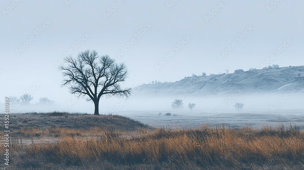 Solitary tree stands amidst a misty landscape. Solitary tree stands amidst a misty landscape.