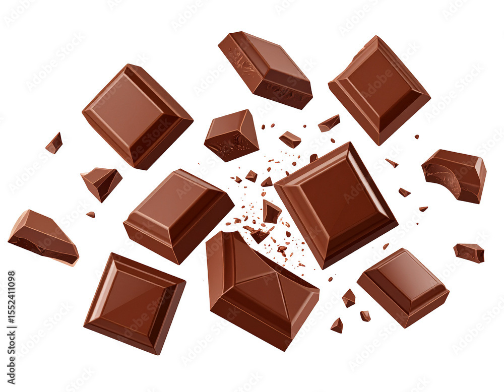 Milk chocolate pieces explode in mid-air, showcasing rich, brown hues and textures Milk chocolate pieces explode in mid-air, showcasing rich, brown hues and textures