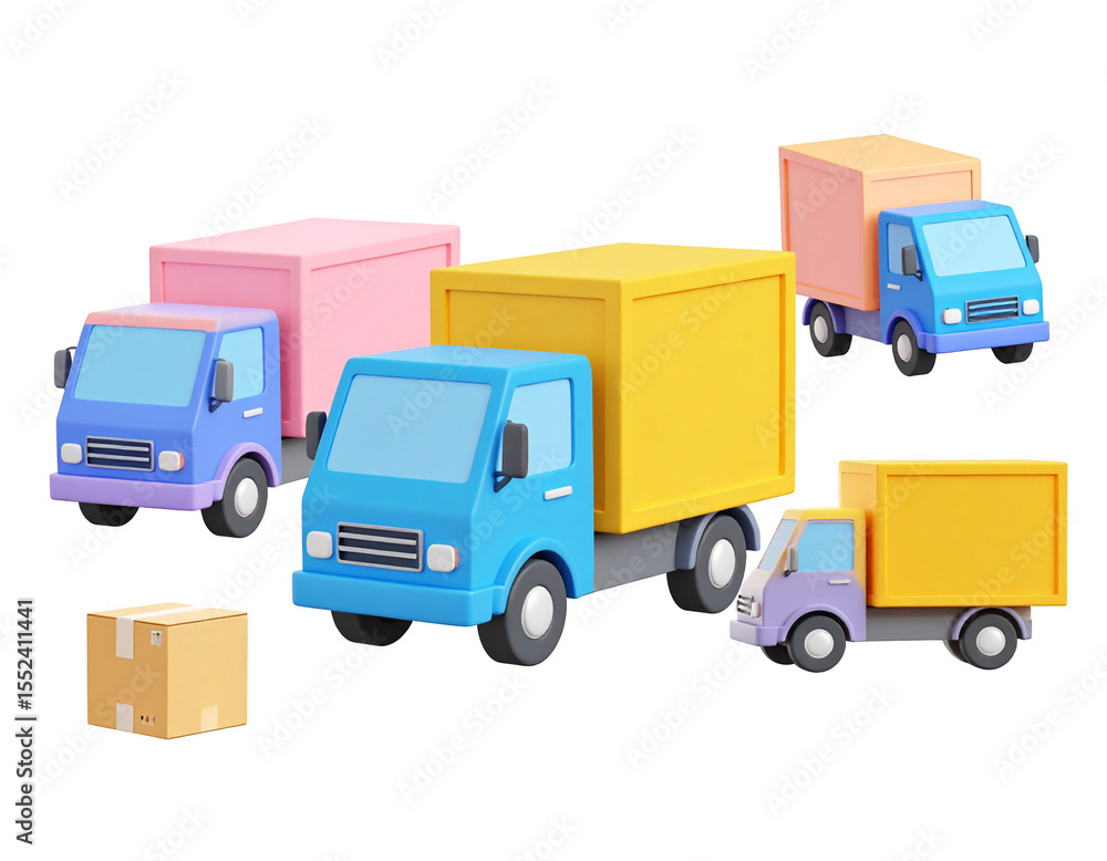 Fototapeta premium Colorful cartoon delivery trucks and package