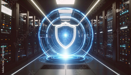 Futuristic Cybersecurity Shield Generator . Artificial Intelligence concept. Generated Image