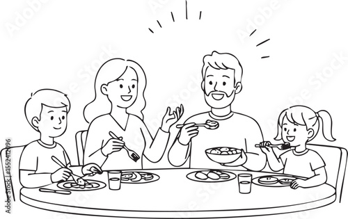 A charming black and white line art illustration of a family of four enjoying a meal together around a round table