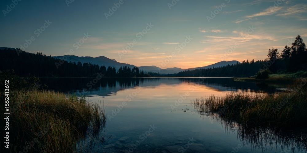 Fototapeta premium Serene dusk at a tranquil lake surrounded by mountains and trees in the wilderness
