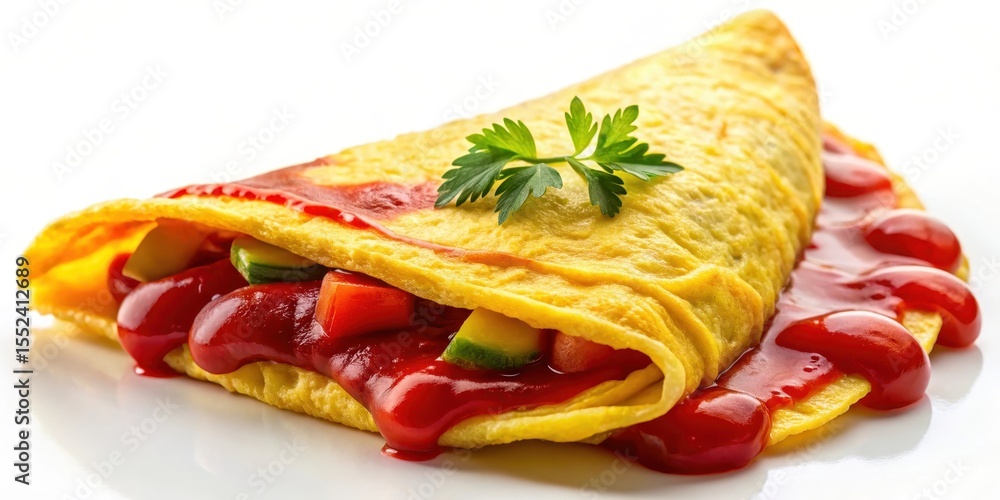 Obraz premium yellow omelet folded in half with ketchup on top and red sauce drizzle, breakfast, folded omelet