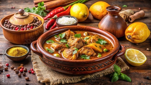 Traditional Moroccan chicken tagine stew simmering in a large clay pot with aromatic spices and lemons on the stove