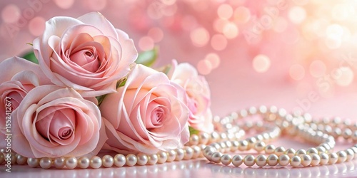 Fototapeta Naklejka Na Ścianę i Meble -  Delicate pink roses and pearls adorn a soft pink background, creating a romantic and elegant atmosphere , delicate