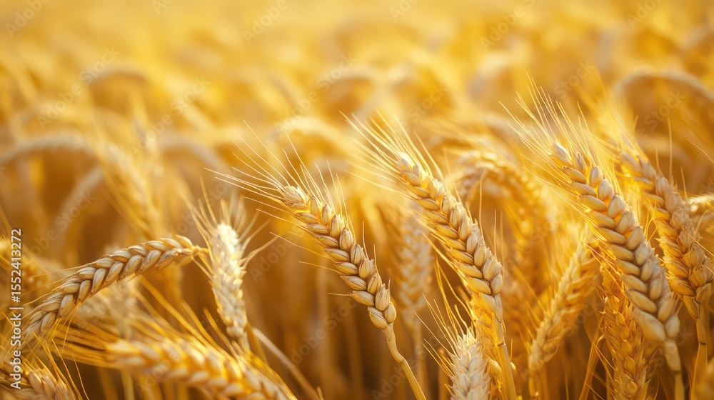 Fototapeta premium Golden Wheat Field Close-Up: Detailed View of Ripe Grain and Sunlight