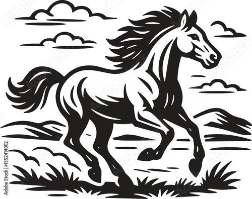 Black and White Silhouette of a Couple Backpacking and Hiking in Mountains, Overlooking a Lake, Illustrating Adventure and Nature.