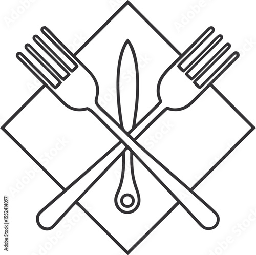 Minimalist line-art vector of spoons and forks crossed on a napkin with white background.