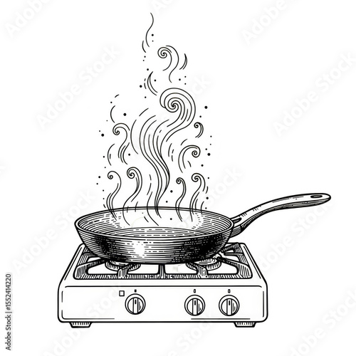 Frying Pan On Stove Illustration With Smoke and Flames Graphic Design