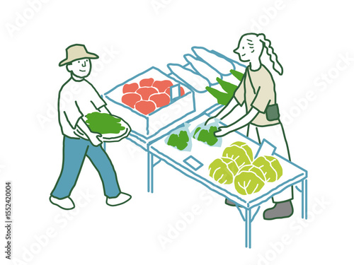 ファーマーズマーケット　八百屋　 手描きアイソメトリックイラスト