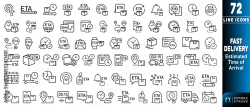 Fast delivery line icons representing estimated time of arrival in various styles. Editable stroke. Vector illustration