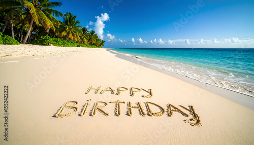 Happy Birthday Text on Sunny Tropical Beach with Teal Water