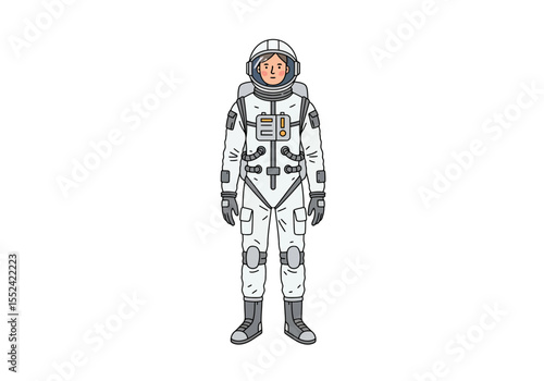 Cartoon Astronaut in White Spacesuit with Helmet and Gray Gloves Standing Upright.