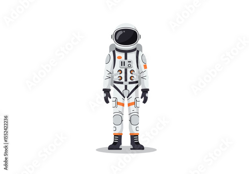 Cartoon Astronaut in White Spacesuit with Black Gloves and Boots Standing Upright.