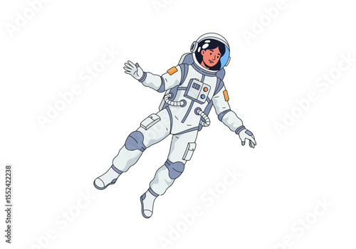 Cartoon Astronaut Woman Floating in Space Suit with Helmet and Gloves.