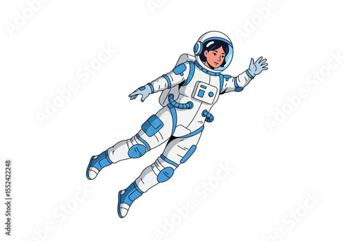 Cartoon Astronaut Woman Floating in Space Suit with Blue Accents and Helmet.