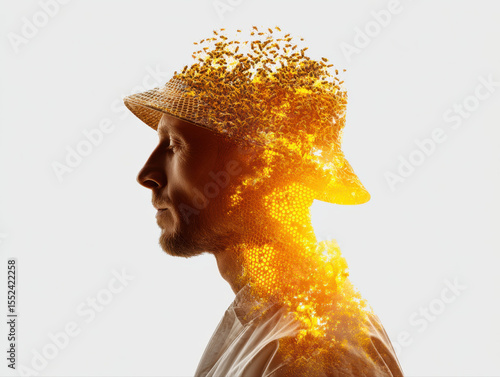 Man with closed eyes wearing hat blending with glowing honeycomb and flying bees, symbolizing nature and creativity in warm light