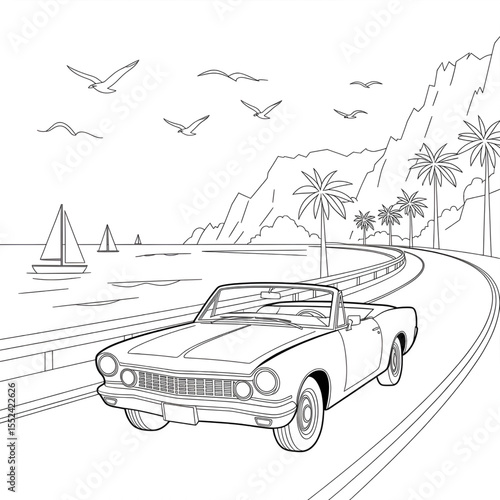 A black and white a car is passing by the bay illustration line art of a coloring page