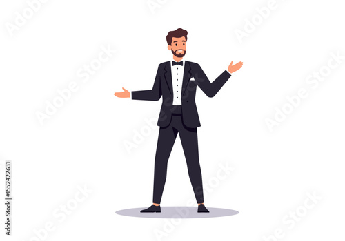 Cartoon Man in Black Tuxedo with Bowtie and Open Arms Gesture.