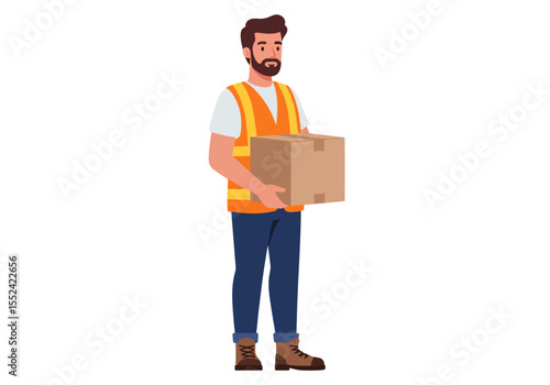 Cartoon Man in Safety Vest Holding Cardboard Box Illustration.