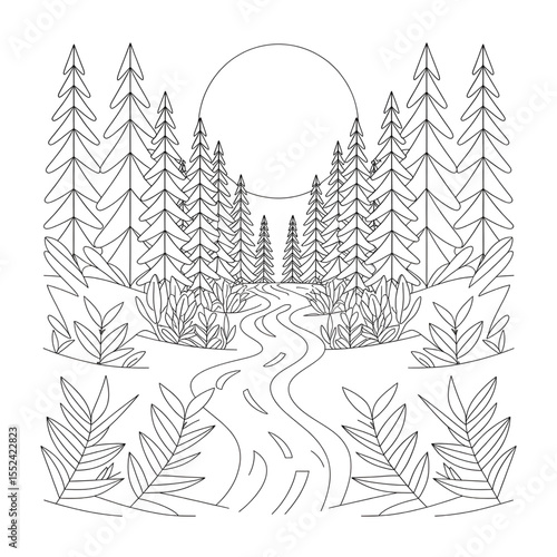 A black and white the brook is running through the middle of the forest illustration line art of a coloring page 