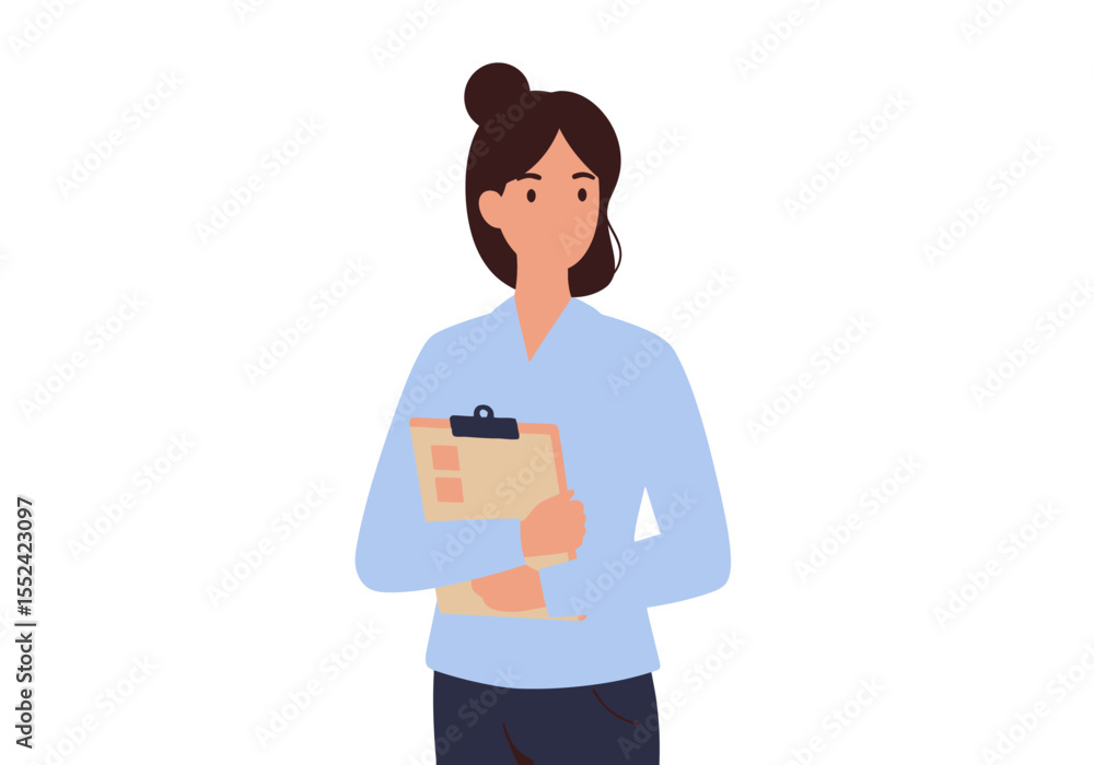 Cartoon Woman Holding Clipboard with Checklist in Light Blue Shirt. Cartoon Woman Holding Clipboard with Checklist in Light Blue Shirt.