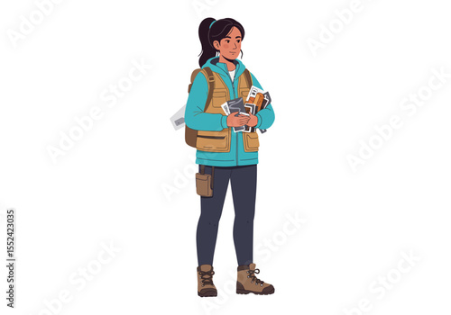 Cartoon Woman Explorer Holding Maps Wearing Vest and Backpack Ready for Adventure.