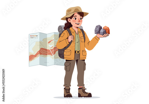 Cartoon Woman Explorer Holding Rocks Wearing Hat Backpack and Hiking Boots.