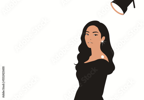 Elegant Woman with Wavy Hair and Sparkling Earring in Black Dress.