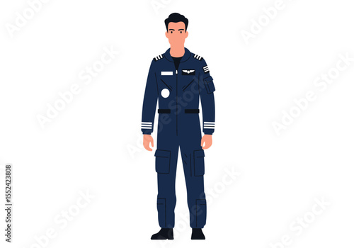 Fullbody illustration of a pilot in a blue uniform with black shoes.