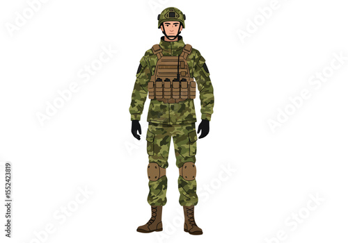 Fullbody illustration of a soldier in camouflage uniform with tactical gear.