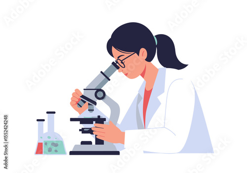 Scientist Examining Sample Through Microscope in Laboratory Wearing White Coat and Glasses.