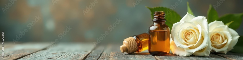 Amber glass dropper bottle, white rose blossoms nearby , soft, bottle mockup, lifestyle Amber glass dropper bottle, white rose blossoms nearby , soft, bottle mockup, lifestyle