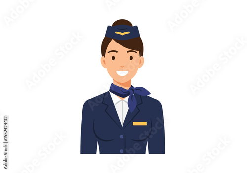 Smiling Cartoon Air Hostess in Blue Uniform with Matching Hat and Scarf.