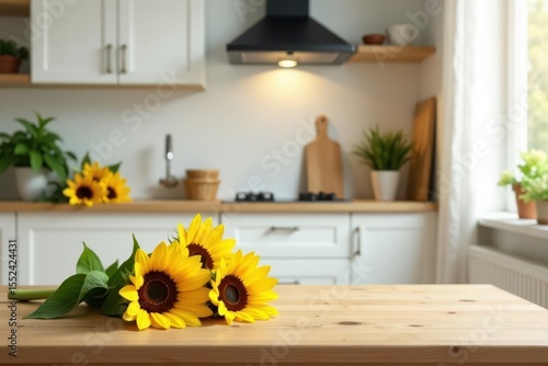 Bright sunflowers, wooden table, white kitchen cabinets , vase, minimal, cabinets