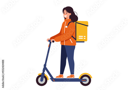 Smiling Delivery Woman on Electric Scooter with Yellow Insulated Backpack.